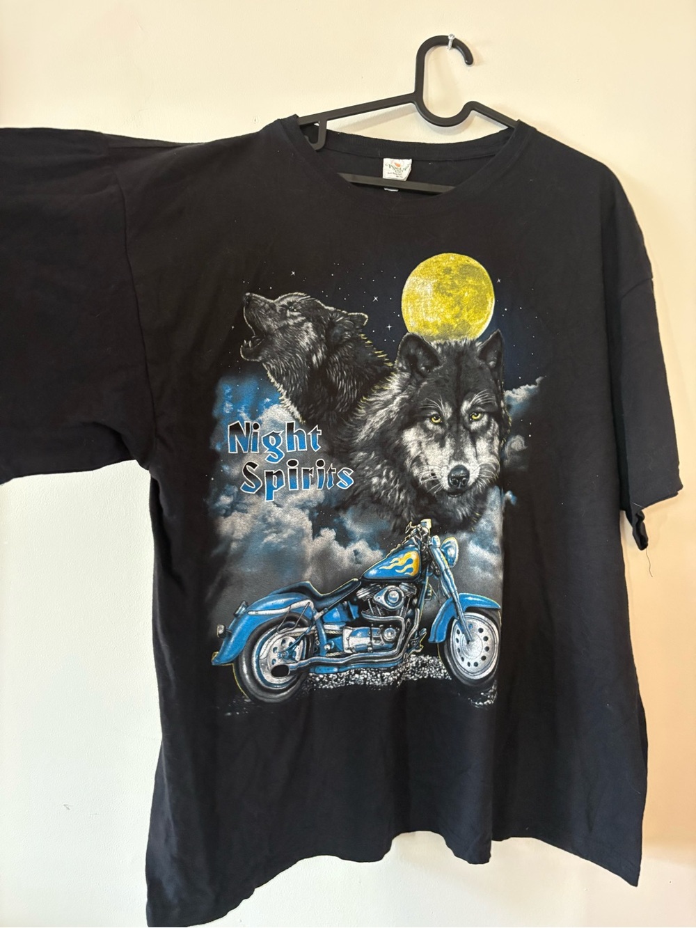 Vintage Night Spirits Black Graphic Wolf Motorcycle Tee 2XL